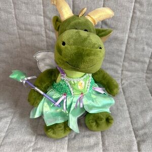 Build a Bear Workshop Enchanted Dragon Green Gold In Tinker Bell Dress And Wand